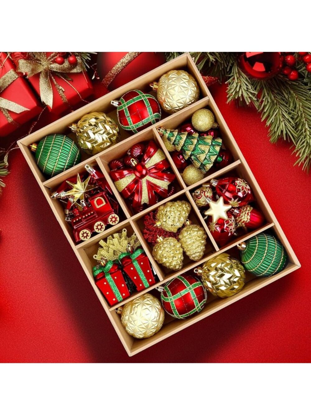 82pcs Classic Christmas Ornament Set - Red, Green & Gold Holiday Decorations